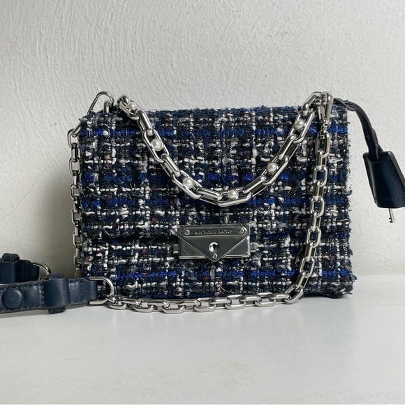 MICHAEL KORS Cece Tweed Small Shoulder Crossbody Satchel Bag Silver Chain Luxury - Picture 6 of 17